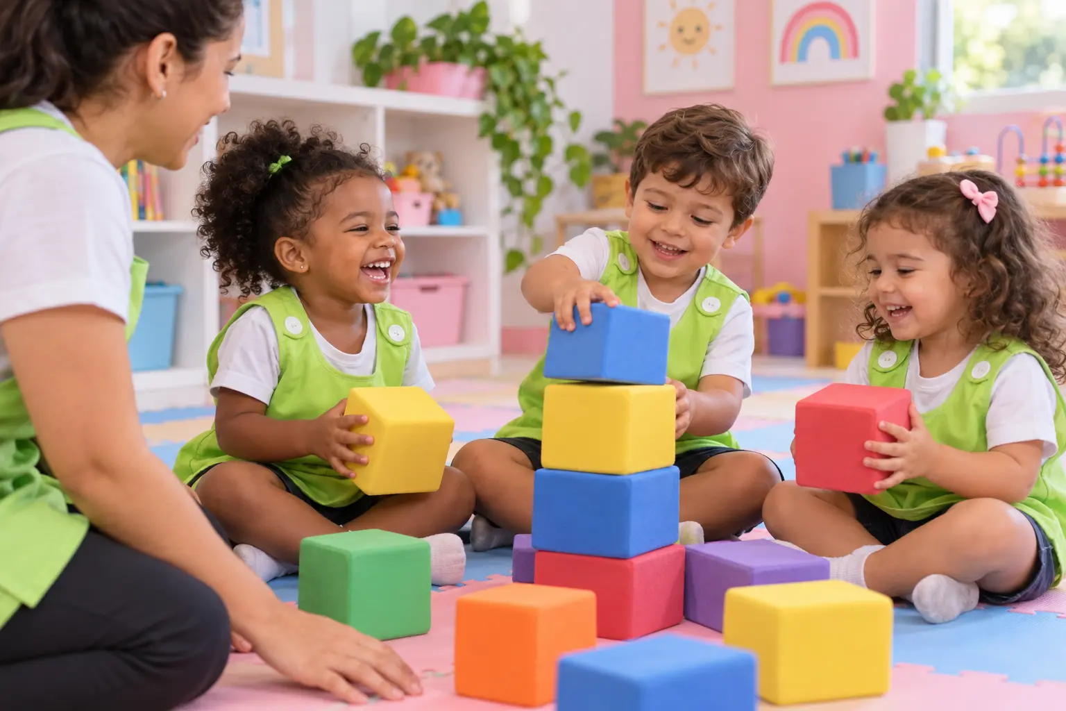Crianças do Mamãe Coruja brincando com blocos coloridos junto da educadora