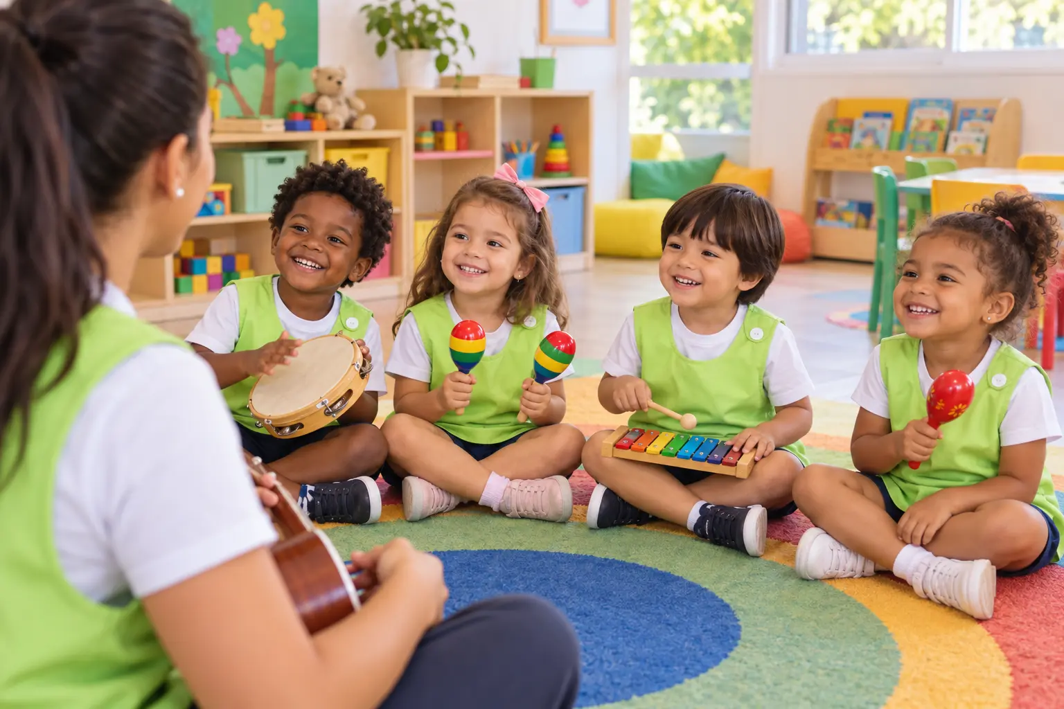 Crianças do Mamãe Coruja em aula de musicalização com instrumentos de percussão